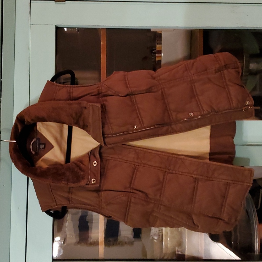 Tommy Hilfiger Brown Quilted Faux-Fur Collar Vest